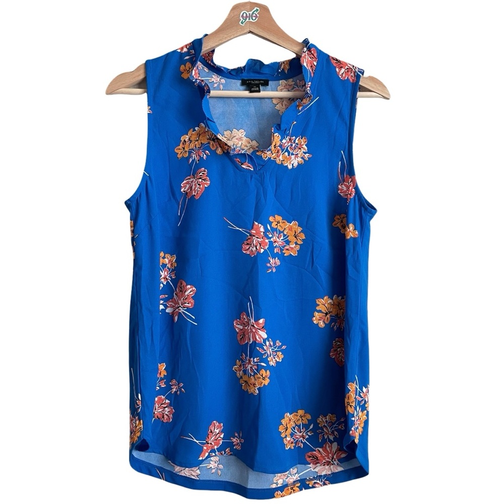 Ann Taylor Factory Blue floral sleeveless blouse XS